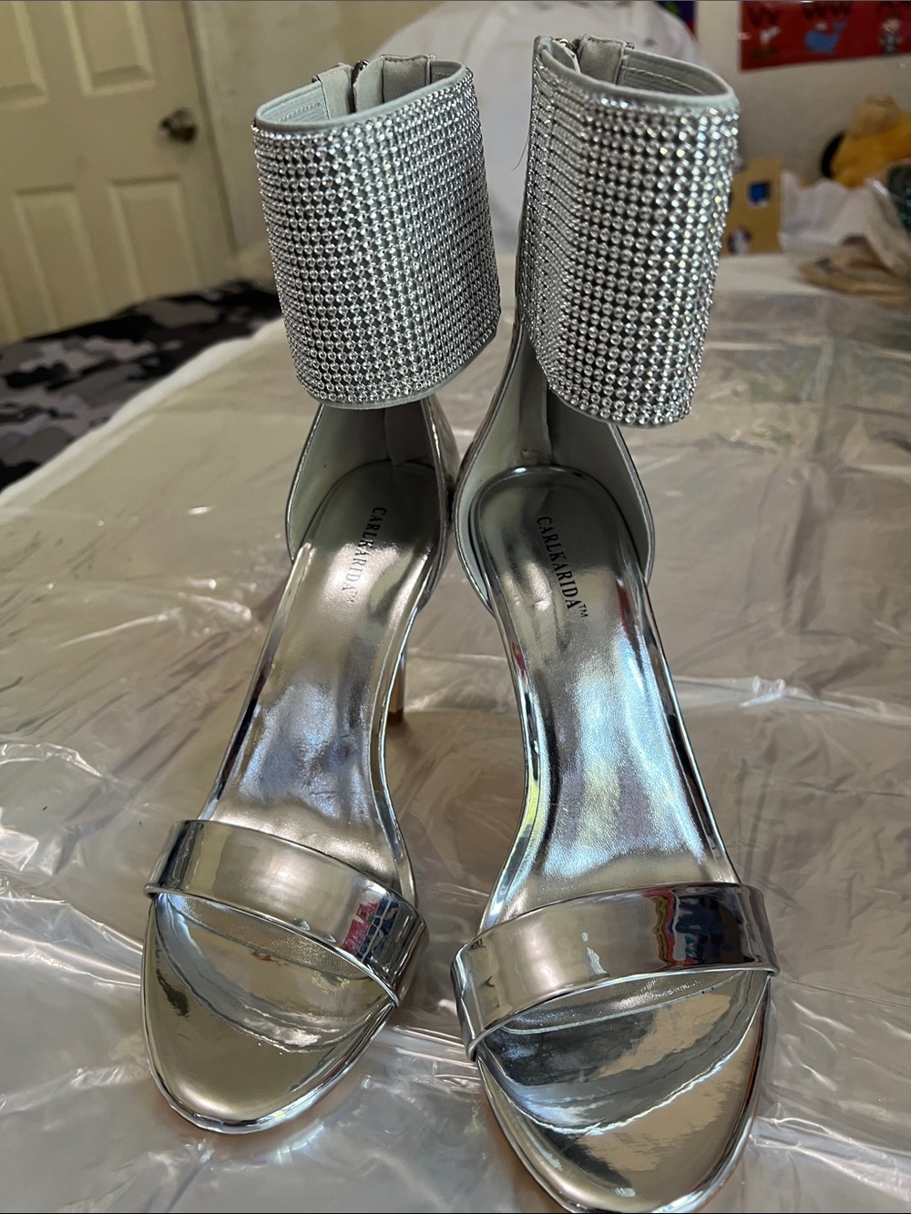 CARLKARIDA Stunning Silver Crystal Cuff Stiletto Sandals